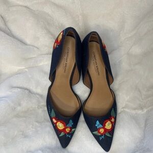 Christian Siriano Navy Pointed Toe Floral Embroidered Heels